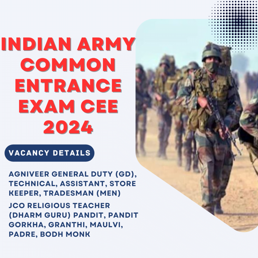 Common Entrance Exam (CEE) for the positions of JCO Religious Teacher Dharm Guru, Army Agniveer Men and Women, Soldier Technical Nursing Assistant, Sepoy Pharma,